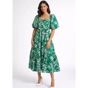 J‎ Gee Tropical Smocked Puff Sleeve Dress PM Green Leaf NWT